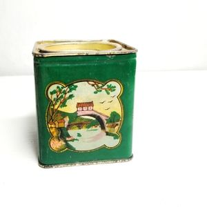 Vintage China Tea Tin Small Green Landscape